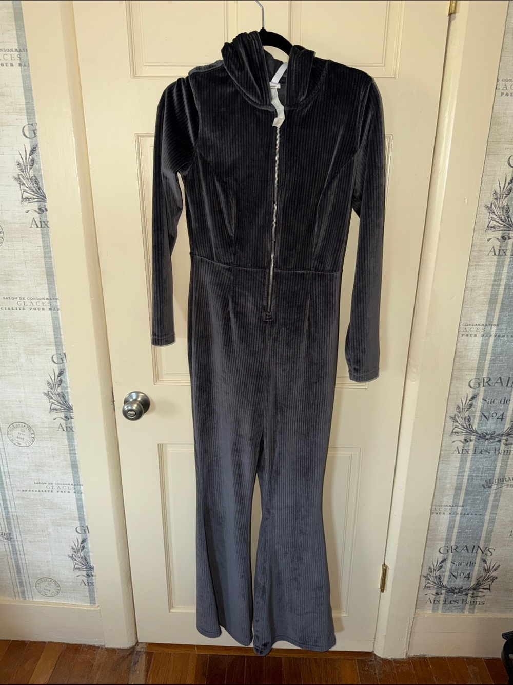 Women's Gray Velour Hooded Jumpsuit with Zip Front
